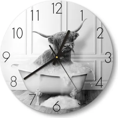 Produktbild von DEQOART Glasuhr Ø30 cm Zahlen 'Badetag im Hochland' Wanduhr Glas Uhr Design leise Küchenuhr