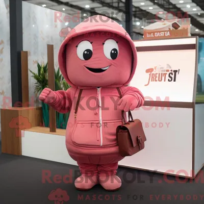Produktbild von Maskottchencharakter REDBROKOLY in Rostrosa mit Kapuzenpullover und Geldbörse