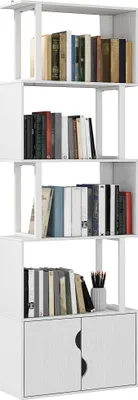 Produktbild von HOMCOM 5-stöckiges Bücherregal, S-förmiges Aufbewahrungsmöbel mit Regalböden und Doppeltürschrank, Aufbewahrungsregal für Wohnzimmer, Schlafzimmer, Büro, 60 x 23,8 x 179,2 cm, Weiß
