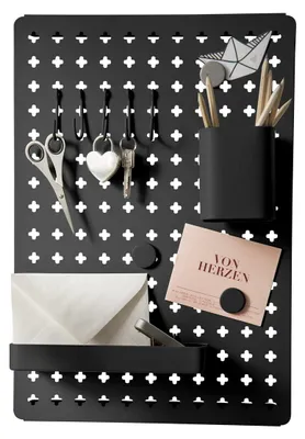 Memoboard Wandorganizer, schwarz, Metall, 3 Magnete, 5 Haken, 2 Behälter