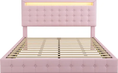 Produktbild von Flieks Polsterbett 140x200cm mit LED, Jugendbett Doppelbett mit Höhenverstellbarem Kopfteil, Klassisches Bett Holzbett mit Lattenrost, PU, Rosa
