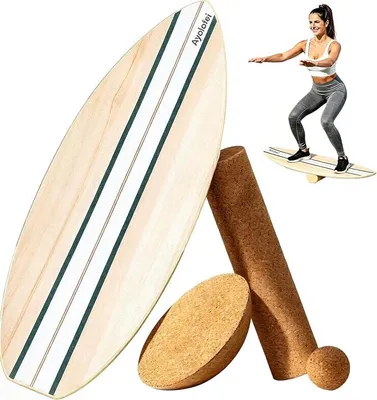 Imagen del producto de Tabla de equilibrio, tabla de equilibrio de madera para adultos, entrenador de equilibrio con rodillo de corcho, media esfera de corcho y pelota de goma, entrenador de equilibrio con superficie antideslizante