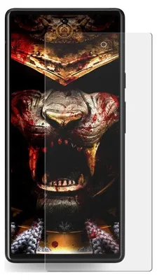 A screen protector is placed over a smartphone displaying a graphic.