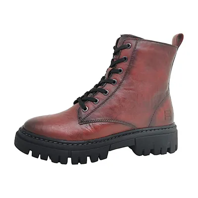 A single red and black lace-up boot is shown against a white background.