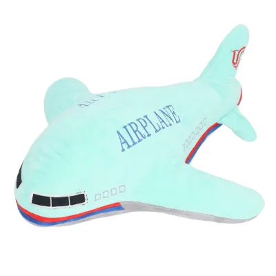 A teal plush airplane toy is shown against a white background.