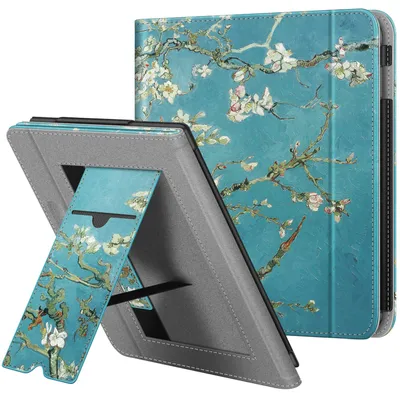 Produktbild von Fintie Hülle kompatibel für Tolino Vision 5 2019 / Kobo Libra H2O - Kickstand Schutzhülle mit Kartenfach Handschlaufe und Auto Sleep/Wake Funktion, Mandelblüten