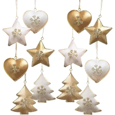 Produktbild von 12 Weihnachtsbaumanhänger Sterne Herzen Bäume - gold weiß 5 cm