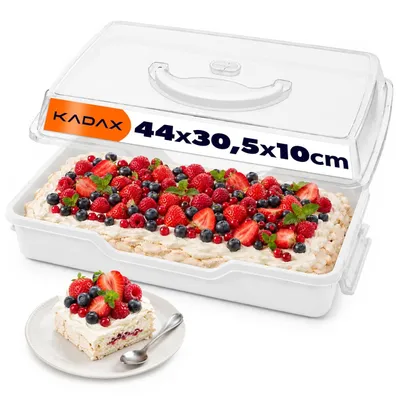 Image de Boîte de transport pour gâteaux KADAX avec couvercle, 43 x 30 x 12,5 cm, récipient en plastique pour gâteaux, boîte de transport avec poignée, forme rectangulaire (blanc)