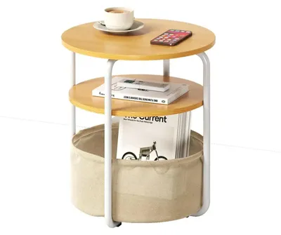 Image de Table basse ronde - Modèle à 3 niveaux - Étagères - Piètement en métal, MDF - Ø 40 × 60 cm - Blanc naturel