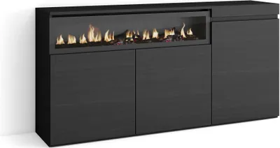 A black sideboard with a glass-fronted electric fireplace.