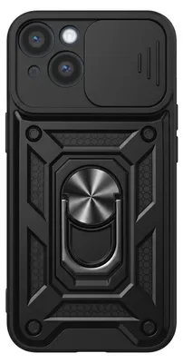 Produktbild von Mayaxess, Hülle für iPhone 14 mit Schiebe-Kameraschutz und Magnet-Ringständer, Schwarz