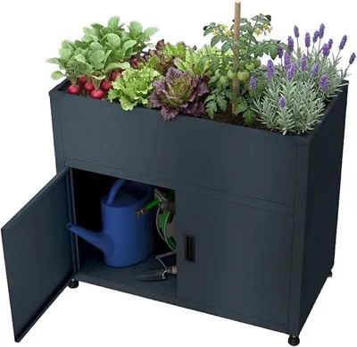 Produktbild von Hochbeet für den Garten mit Stauraum – Pulverbeschichteter Stahl in Anthrazit RAL 7016 | Witterungsbeständiges Metall-Gartenbeet, Pflanzenbeet, Blumenhochbeet | 100 x 90 x 50 cm