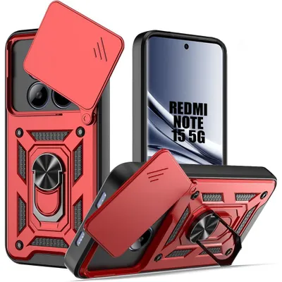 Image de Coque pour Xiaomi Redmi Note 15 5G/4G, Protection avec Anneau et Cache Caméra Coulissant - Rouge