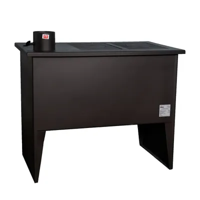 A dark brown wood-burning stove with a metal plate on top, set against a white background.