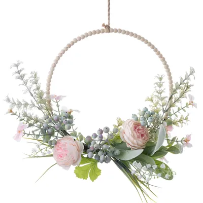 Produktbild von Omgoods – Blumenkranz mit Pfingstrosen und grünen Blättern – Dekoration für die Tür