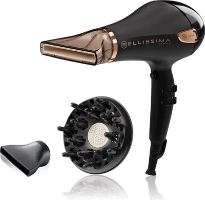 A black and rose gold hairdryer with two attachments on a white background.