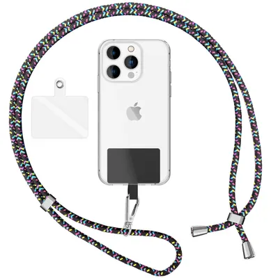 Image de NALIA Lanyard universel avec 2 pads & mousqueton - 160cm de chaîne pour portable à porter autour du cou - Noir Multicolore
