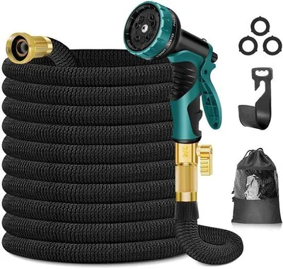 Produktbild von Ibenzoa® Flexibler dehnbarer Gartenschlauch 15 m – 10 Sprühfunktionen, 3750D Polyester, Messinganschluss 3/4 Zoll (1,9 cm), bis 12 bar, Tasche & Schlauchhalter