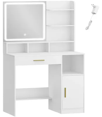 Image de Coiffeuse avec miroir - Table de coiffure - Éclairage LED - 3 étagères - 4 compartiments ouverts - 1 tiroir et une armoire - Blanc
