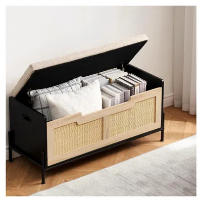 Produktbild von Sitzbank aus Rattan mit Kissen, Stauraum und Aufbewahrung für Flur, Schlafzimmer und Wohnzimmer, 100 * 40 * 46 cm, Schwarz