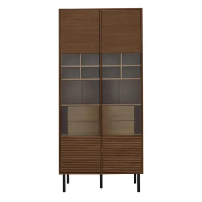 Produktbild von Merax Glasvitrine, Vitrinenschrank mit Glasfront, Etagenregal, Versteckte Schublade, Hochschrank, Vitrine für Bad, Wohnzimmer, Büro, Nussbaum