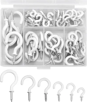 Produktbild von 70 Stück Schraubhaken Set, Robuste Weiß Hakenschrauben mit Gewinde aus beschichtetem Stahl für Innen und Außen, Deckenhaken, Wandhaken, Befestigungshaken