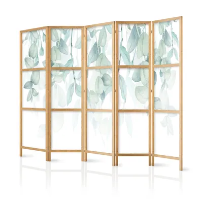 Produktbild von Paravent XXL 225x171 cm 5-teilig einseitig eleganter Sichtschutz Raumteiler Trennwand Raumtrenner Holz Design Motiv Deko Home Office grüne Blätter Botanik b-C-0594-bh-a