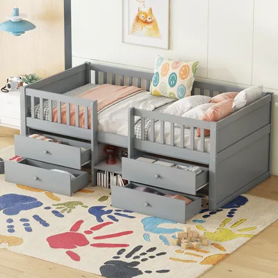 Produktbild von Kinderbett mit Schubladen und Lattenrost, 90x200 cm, Rausfallschutz, Holzbett, Jugendbett, Einzelbett, Kiefer
