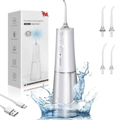 Produktbild von Munddusche, kabellose elektrische Munddusche mit 5 Modi, 300 ml Wassertank, IPX7 wasserdichter , mit 4 Zahnfleischglättungsspitzen