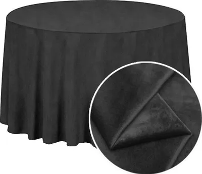A round tablecloth draped over a table, with a close-up inset showing the fabric texture.