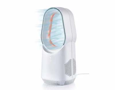A white bladeless fan on a white background, with air currents depicted visually.