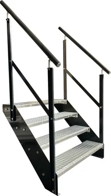 Obrázek produktu pro Mřížové ocelové příčkové schodiště 4 stupně Pozinkované a antracitově práškově lakované strany + zábradlí na obou stranách - (d x š x v) 82 cm x 80 cm x 76 cm