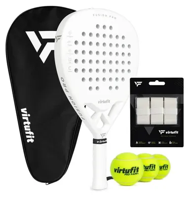 Produktbild von VirtuFit Fusion Pro Padel Set Weiß/Silber mit Tasche, Overgrips und 3 Bällen