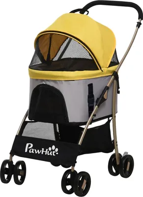 Productafbeelding van Hondenwagen 2-in-1: Hondenbuggy en draagzak. Opvouwbare hondenbuggy met kussen, 4 wielen, netvensters, Oxford-stof, geel