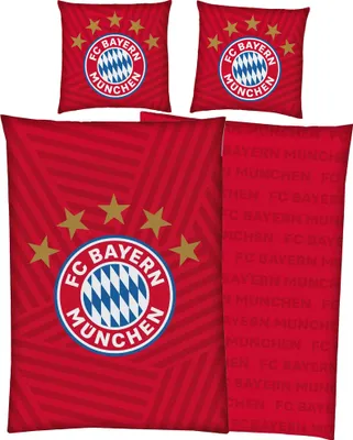 A flat lay of FC Bayern München bedding with pillows and a duvet cover.