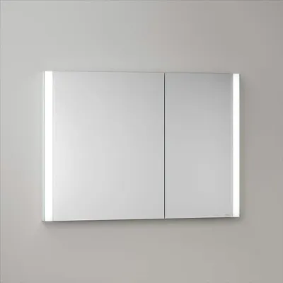 Imagen del producto de Keuco Royal Metis, armario de espejo empotrado con iluminación LED, 100 x 71 cm, 2 puertas con sistema de calefacción para espejo, diseño asimétrico
