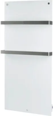 A white electric bathroom radiator with two gray towel rails.