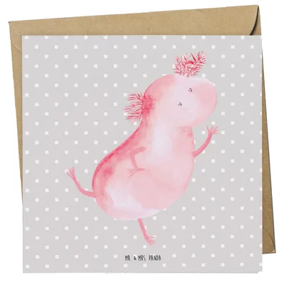 Produktbild von Mr. & Mrs. Panda Glückwunschkarte Axolotl Tanzen - Grau Pastell - Geschenk, Springen, doppelkarte, Klappkarte, Freudig, Grußkarte, faltkarte, anlasskarte, Lurch, Verrückt