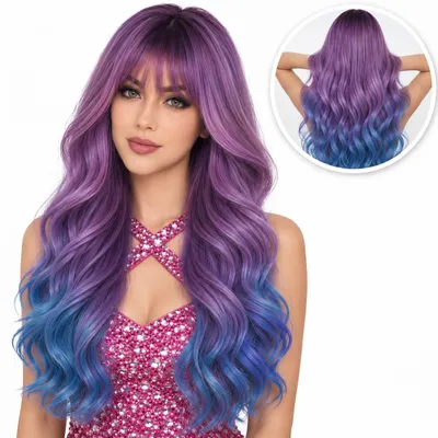 Produktbild von SassyGoods Einhorn Perücke - Sassy Goods Perücken Damen Langes Haar - Perücke - Waschbar - Inkl. Haarnetz - Lila Blau - 65 cm