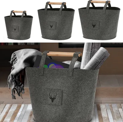 Produktbild von Filztaschen 3er Set Hirschkopf S/M/L dunkelgrau Hirschmotiv Holzgriff Filzkorb Tasche Aufbewahrungstasche Korb
