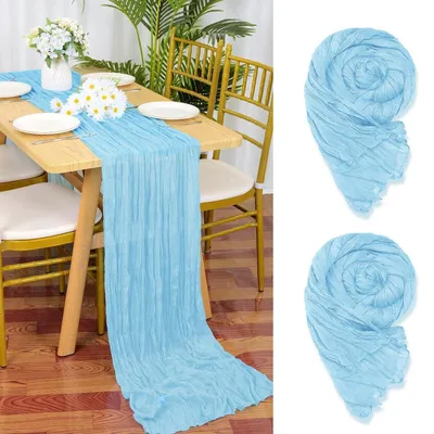 Produktbild von Seihtuch Tischläufer Babyblau 2 Stück 90 x 300 cm Gaze Stoff Boho Käsetuch für Tischdekoration