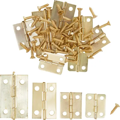 A collage of small brass hinges and screws, with a close-up of several hinges at the bottom.