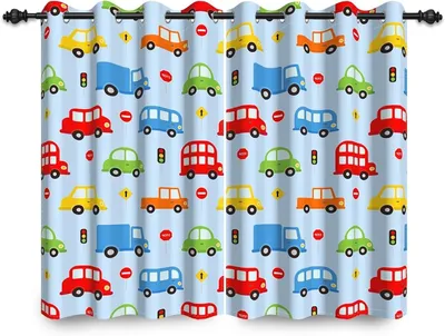 Productafbeelding van Verduisteringsgordijn Kinderslaapkamer - Raambekleding Kinderkamer - Kamerdonker Maken - Geluidreducerend Materiaal - 117 x 183 cm - Kleurrijk Voertuig