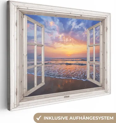 Produktbild von Leinwand Bilder 80x60 cm - Fensterblick - Meer - Sonnenuntergang, Bilder, Wanddeko, Wandbilder Wohnzimmer