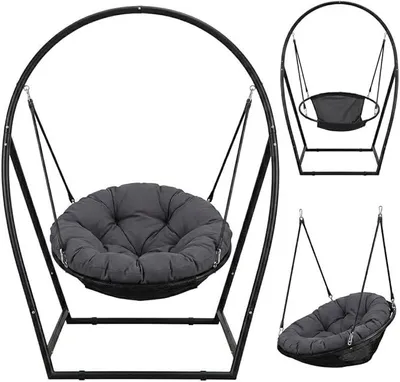 Productafbeelding van Hangstoel met frame voor buiten, ronde hangstoel met stalen frame en kussen, zitvlak van 100 cm, in hoogte verstelbaar, belastbaar tot 150 kg, hangstoel voor tuin, balkon, terras en binnen, zwart