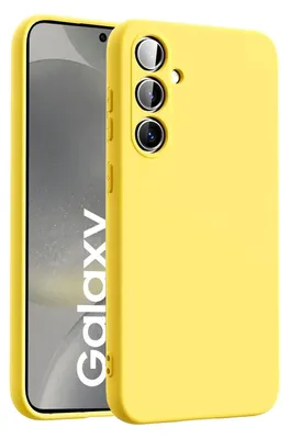 A yellow phone case is shown next to a smartphone.