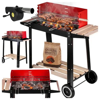 Produktbild von Holzkohlegrill Grillwagen GM2000S Mobile mit Regalen Standgrill Gebläse Garten Terrasse BBQ Saison, Rot 80cm Höhe