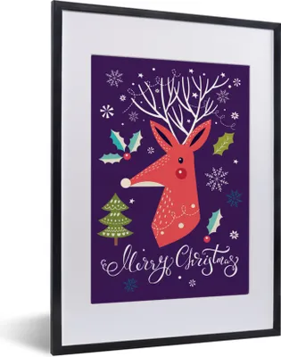 Produktbild von MuchoWow® MuchoWow® Gerahmtes Poster Rentier - Weihnachten - Zitate - Frohe Weihnachten - Stechpalme 30x40 cm - Poster mit zchwarzem Bilderrahmen - Wandposter Schlafzimmer