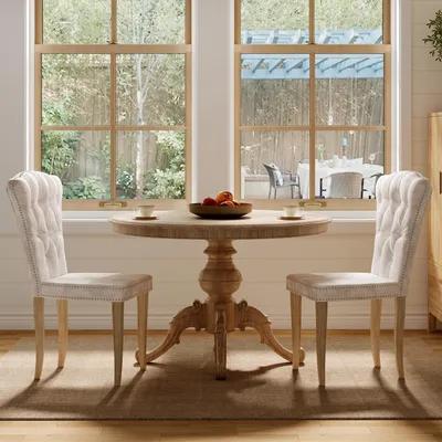 Productafbeelding van UnboxG 2-delige set eetkamerstoelen, beige fluweel, hoge rugleuning, gestoffeerde stoelen met knoopverstikking en nagels, comfortabele eetkamerstoelen met gestoffeerde rugleuning en massief houten poten