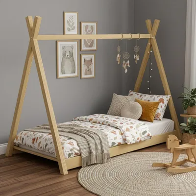 Produktbild von MEBLE WRÓBEL Kinderbett Tipi 90x200 cm | Bett aus Kiefernholz – Unlackiert | Montessori | Hausbett für Mädchen und Jungen | Abgerundete Kanten